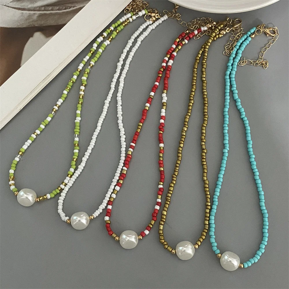 Fashion Irregualr Imitation Pearl Choker Short Choker Necklace Colorful Rice Beads Elegant New Collar Gift Jewelry