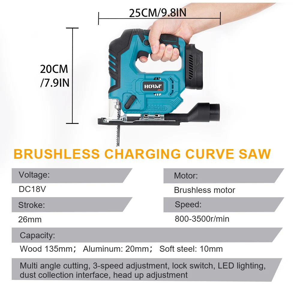 Cordless Brushless Electric Jig Saw Woodworking Jig Saw Portable Adjustable Speed Power Tool Adjustable for Makita 18V Battery