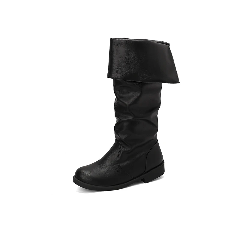 Turned-Over Edge Slip-On Women's Mid-Calf Boots Oversized Flat Nubuck Plush Inner Pleated Western Boots