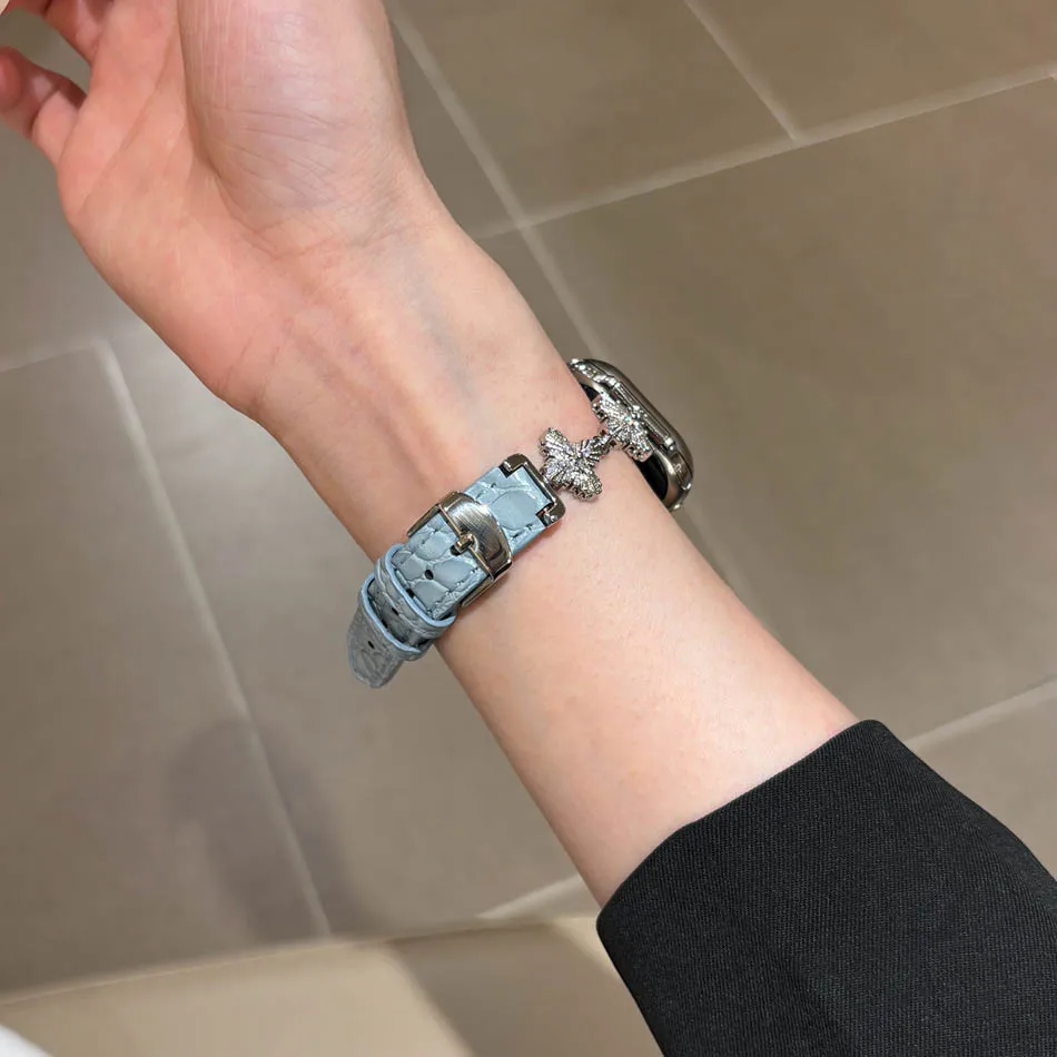 سوار فاخر من الألماس على شكل نجمة رباعية الرؤوس لساعة Apple Watch Series 10 9 8 7 6 SE 5 4 3 2 Ultra 46 مم 49 مم 45 مم 44 مم 42 مم 41 مم 40 مم 38 مم، حزام جلدي