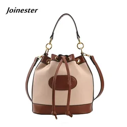 Fashion Women Drawstring Shoulder Bag Mini Bucket Crossbody Bags Color Contrast Female PU Leather Work Purse Retro Handbag