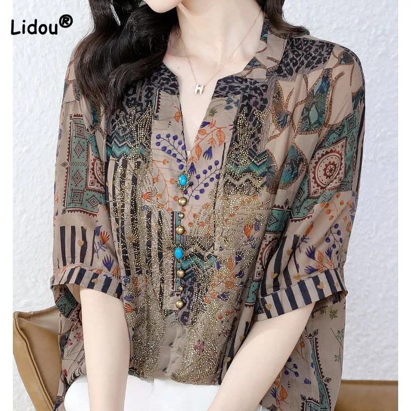 Vintage Casual Printing V-Neck Shirt for Women Summer Loose All-match Short Sleeve Diamonds Spliced Blouse Women\'s Clothing