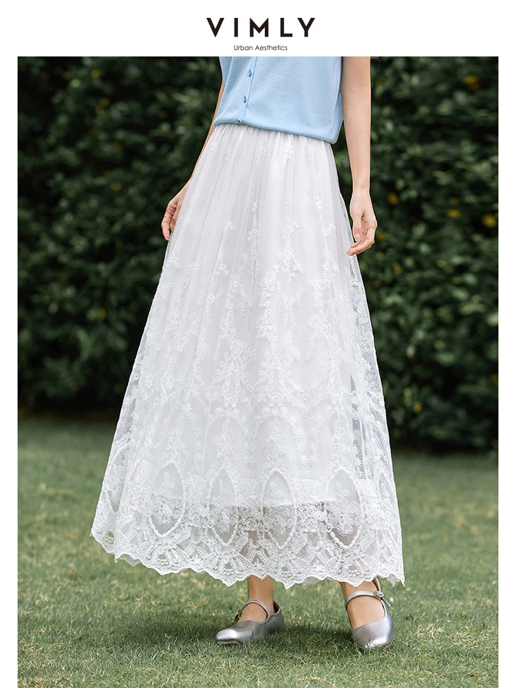 VIMLY Korean Fashion White Lace Skirt Women 2025 Summer Hollowed-out Lace 2025 Elegant Lady High Waist Swing Long Skirt A1392