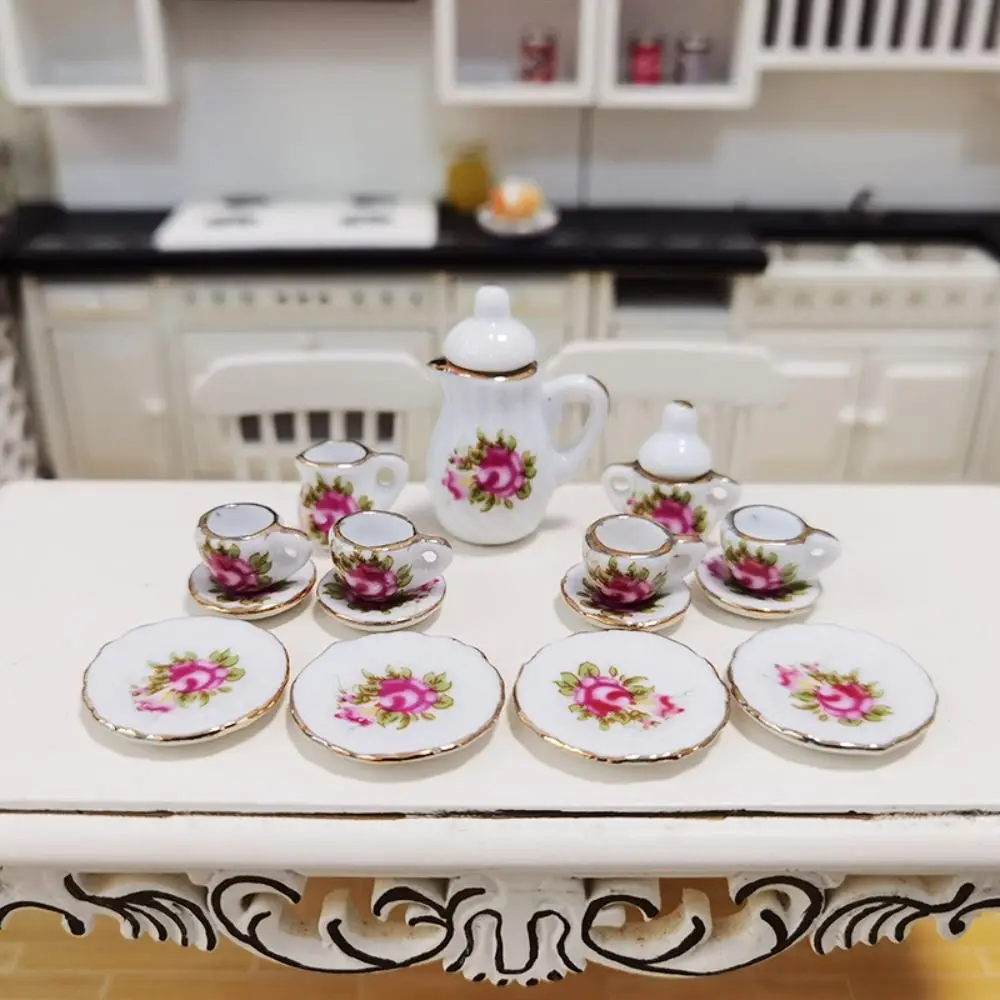 Trendy Ceramic 1:12 Dollhouse Miniature Porcelain Tea Cup Set Tableware Kitchen Accessories Doll House Decor Girls