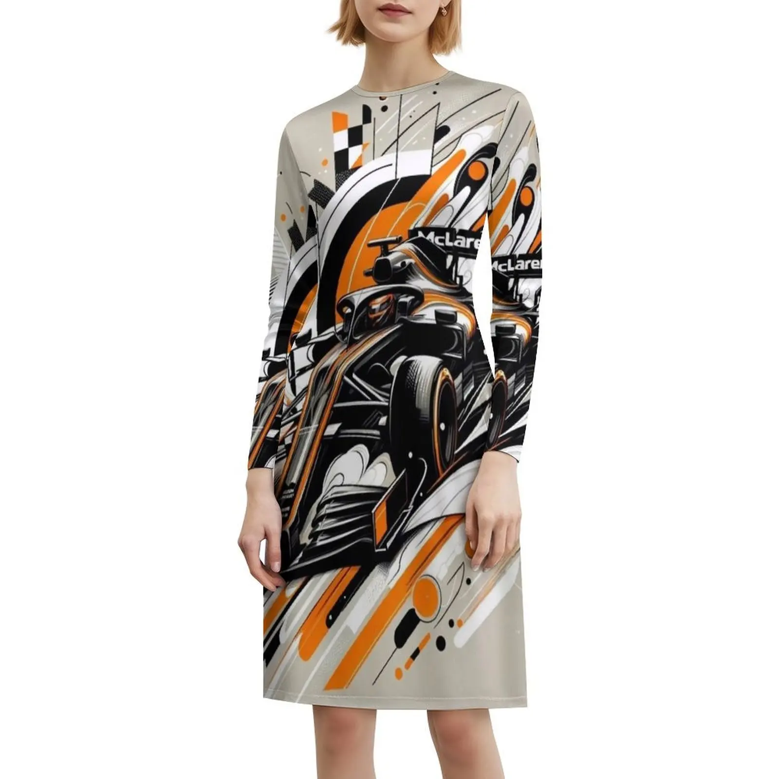 فستان سباق على الطراز الكوري للنساء فستان كاجوال أنيق للحفلات أو الارتداء اليومي فريق السباق البابايا البرتقالي والأزرق #6