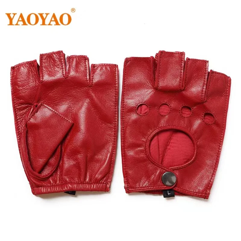 Brand New Men\'s Leather Gloves Male Fingerless Breathable Fitness Goatskin Guantes Red Motorcycle Riding Outdoor Unlined Mittens