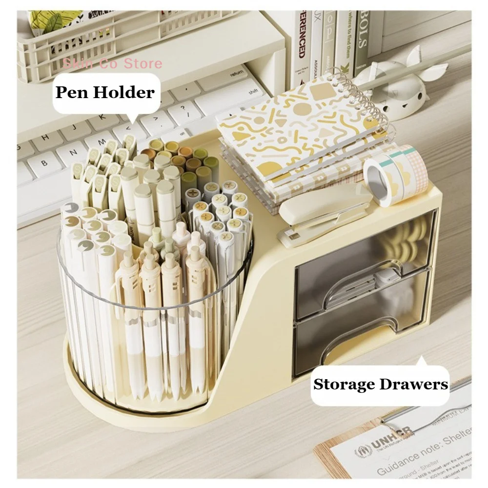 [CO]360° Rotating Desktop Pen And Makeup Brush Holder With Convenient Drawer Cosmetic Storage Box Large-Capacity Supplies[CO] view 4