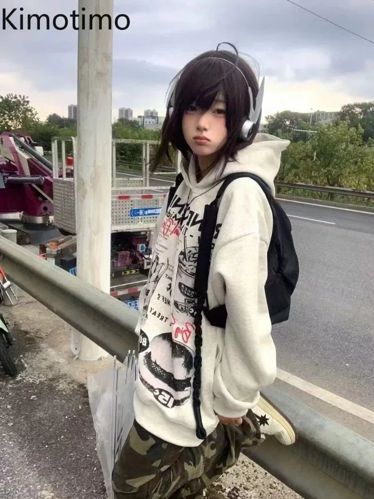 

Kimotimo винтажные толстовки с капюшоном и принтом женские уличные повседневные пальто топы осень-зима новые свободные толстовки с капюшоном Y2k в стиле гранж