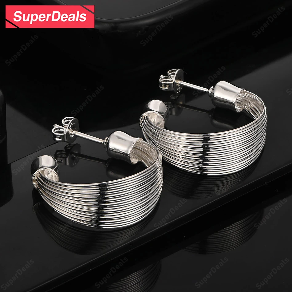 

SuperDeals 925 Sterling Silver Multi-line Half Circle Stud Earrings Elegant Jewelry Women Wedding Accessories Fashion Party Gift