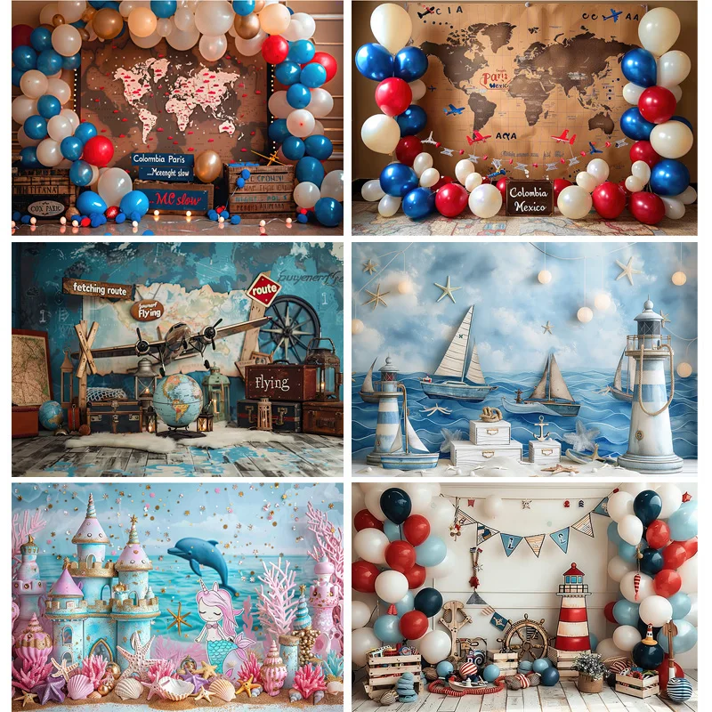 Mermaid Blue Marine Wall Sailboat Photography Backdrops Birthday Party Decor Global Fishing Net Photo Studio Background TE-07