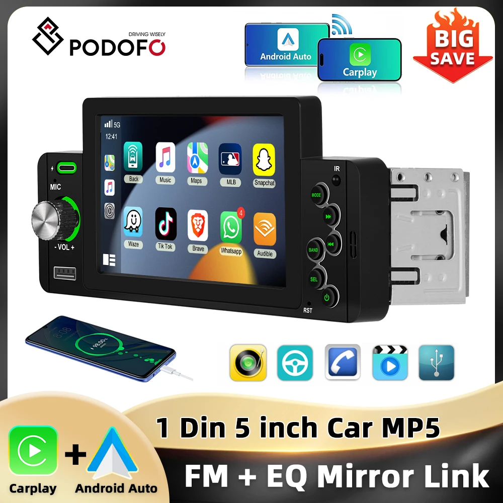 Podofo Carplay Android Auto 1Din MP5 Player Mirror Link Bluetooth 5 ''Multimedia Player USB & TYPE-C Port 45W 12V FM Car Stereo