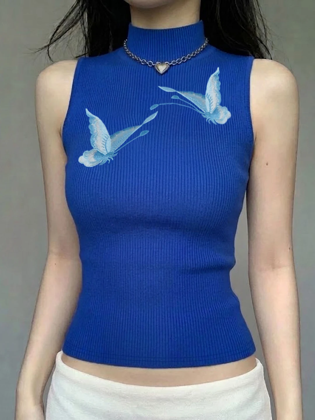 Klein Blue Embroidery Slim Fit Vest Women's Knitted Half High Collar Sleeveless Top Fashionable And Sexy Summer Wear