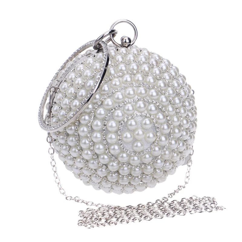 Luxury Pearl Round Evening Bag with Chain Women Girls Glitter Rhinestones Party Wedding Handbag Ladies Small Crossbody Purses