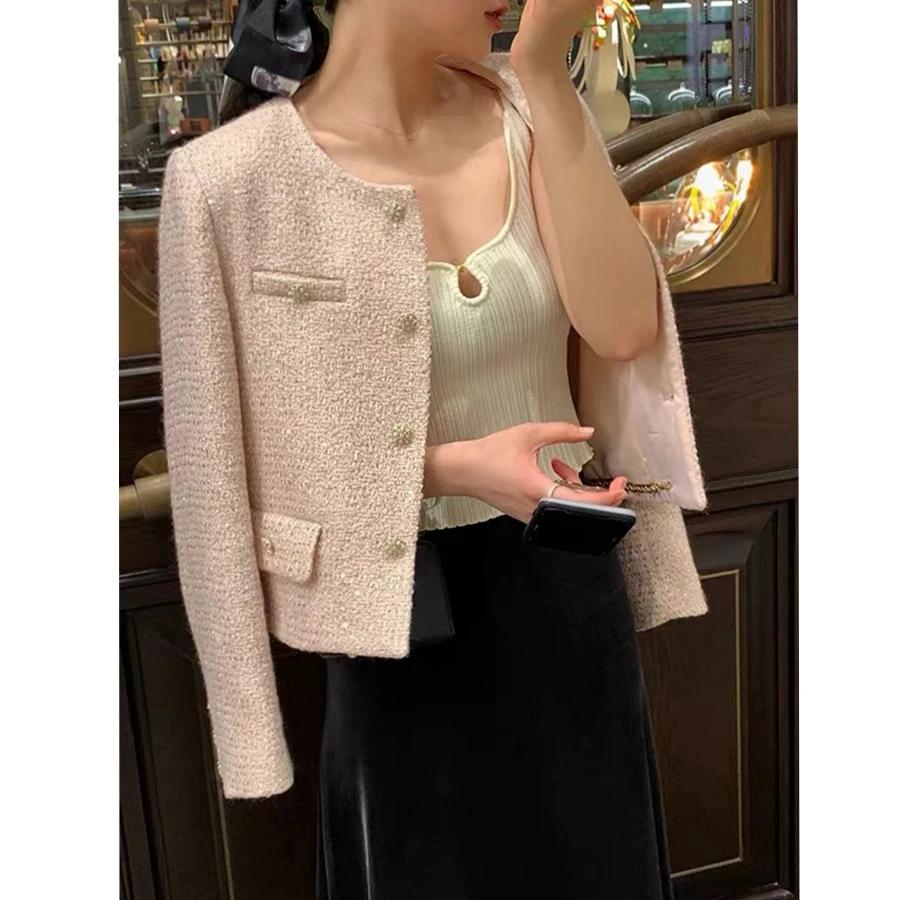 Korean Style Short Outerwear Women's Pink Sequin Jacket Spring Autumn New Chic Top High Quality Lightweight Elegant Feeling
