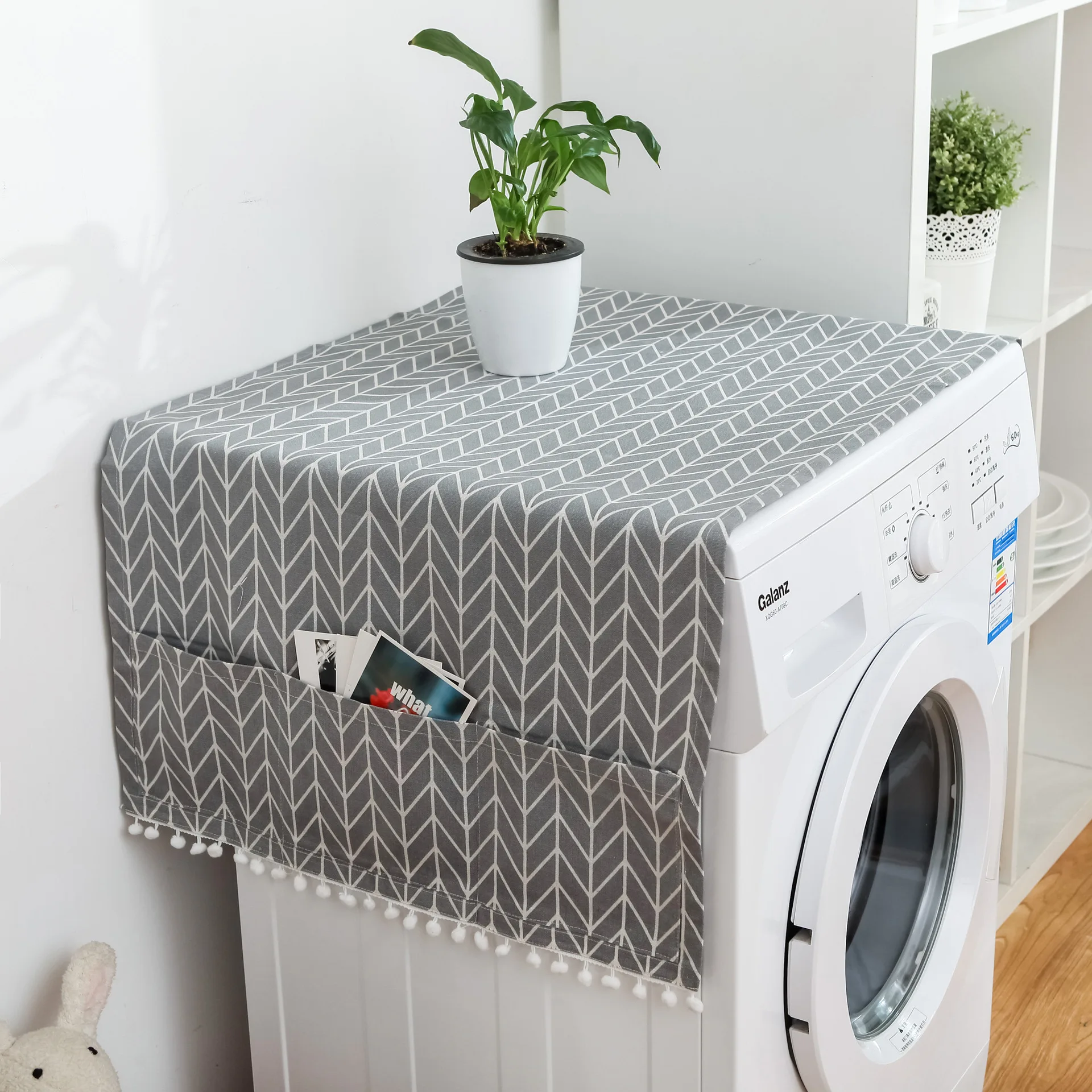 Grey geometric refrigerator cover cloth, srefrigerator dust cover, countryside double door refrigerator towel, drum washing