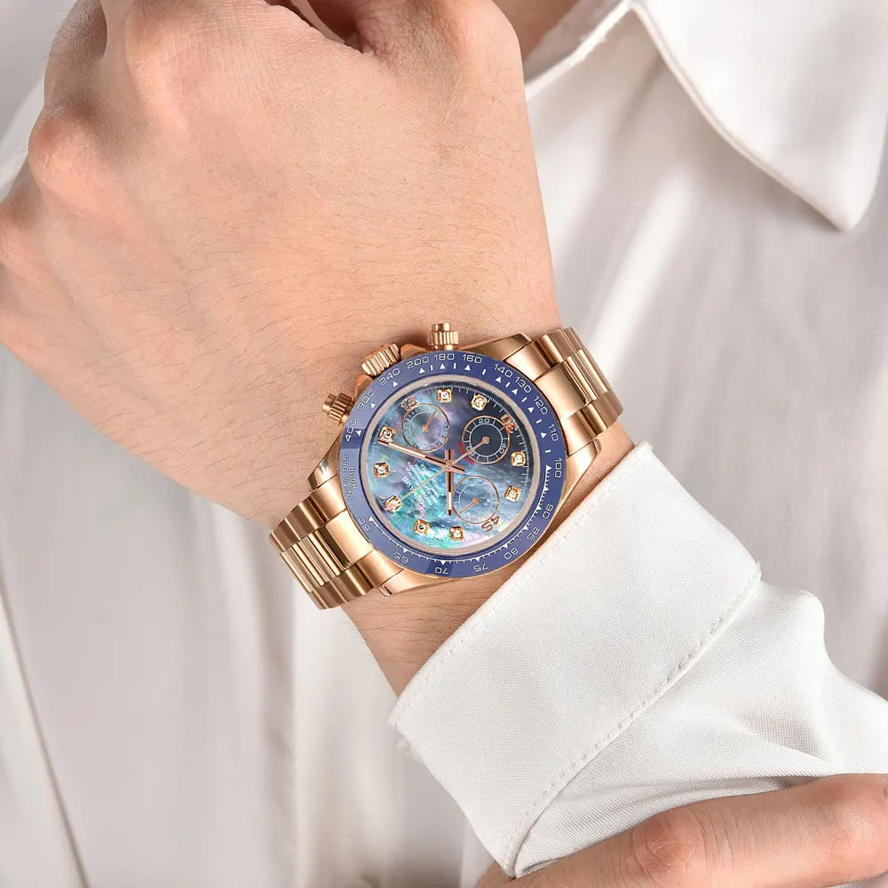 39 مللي متر ساعة يد رجالية ذهبية وردية VK63 حركة كرونوغراف الياقوت الزجاج المطاط حزام رجال الأعمال ساعة مخصصة