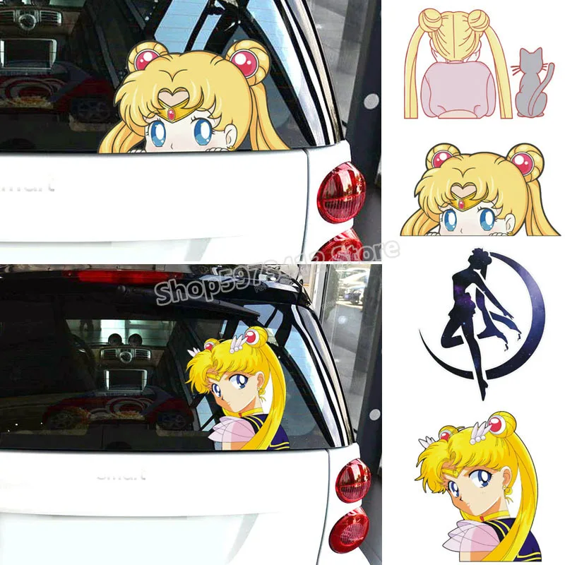 Cartoon Anime Figure Sailor Moon Car Stickers Scratches Cover Decorative Electric Car Motorcycle Reflective Decor Luna Cat Gift