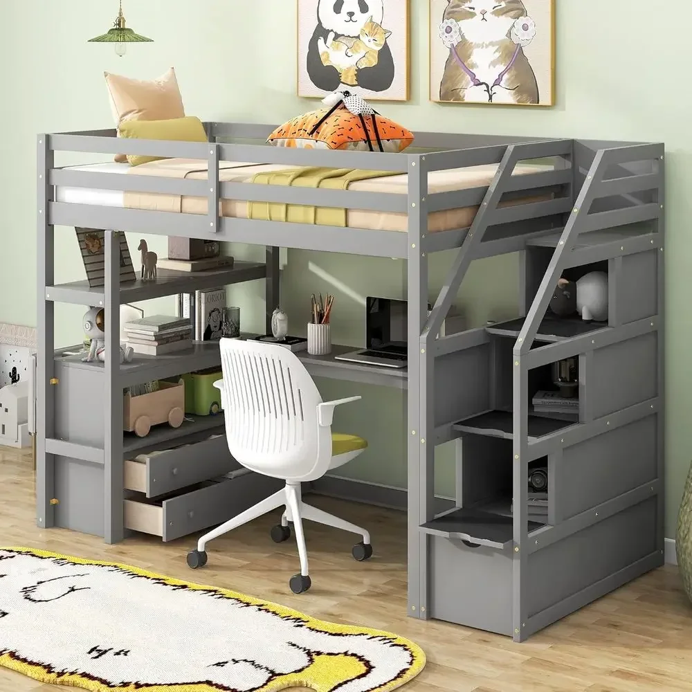 Twin Loft Bed with Stairs, Desk, and Storage Cabinet - Ideal for Kids, Teens, Boys, Girls in Gray