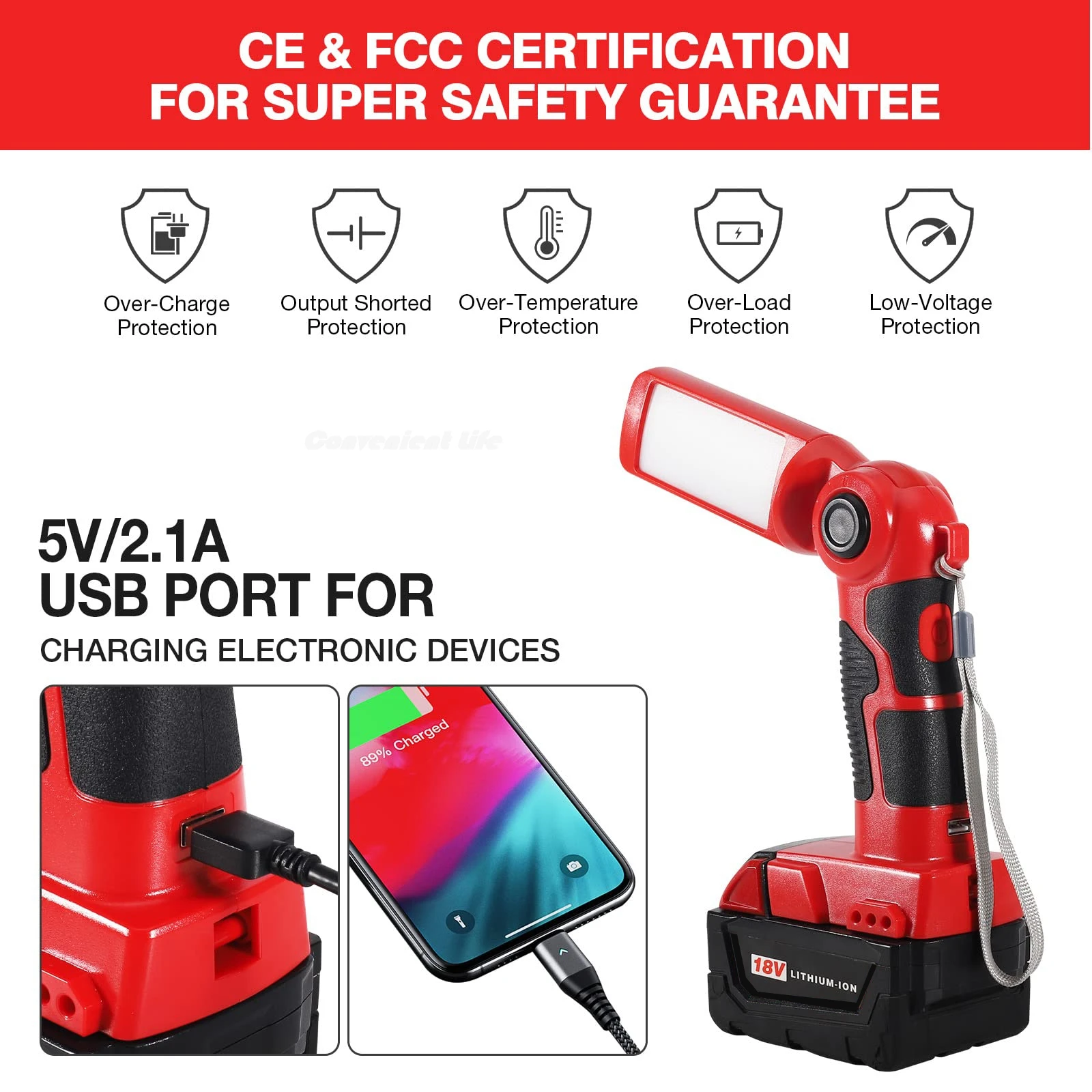 LED Work Light Torch for Milwaukee M&18 18v Battery 12W 1000LM Flashlight with USB-A Charging Port Portable Outdoor Indoor Light