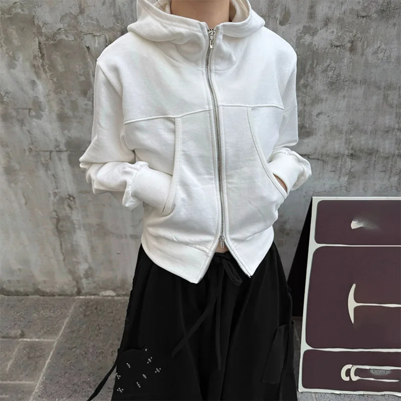 

Korean Version Autumn Winter Solid Pocket Collar Coats Vintage 2000s Style Loose Zipper Hooded Basic Casual Cardigans
