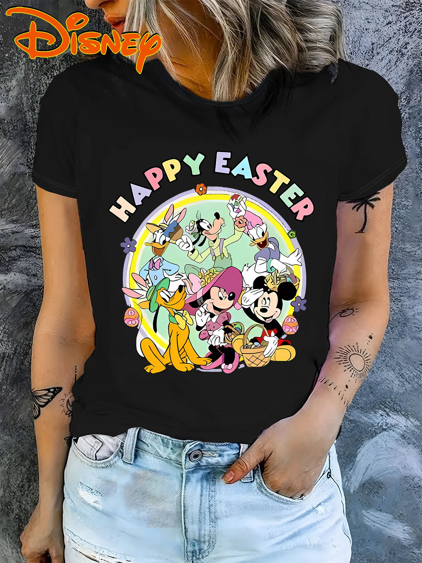 

2025 Disney Pattern Printed Women's Casual Comfortable Unique Smiling Face Black Round Neck Short Sleeve T-shirt