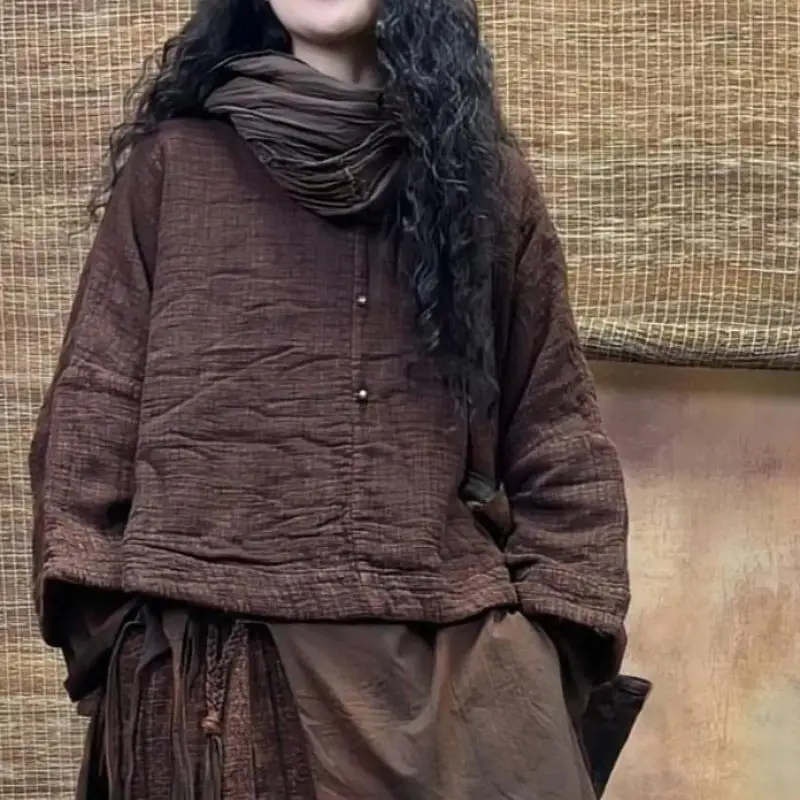 

Autumn Winter Arts Style Women Batwing Sleeve O-neck Tee Shirt Femme Tops High Quality Thicken Cotton Linen Vintage Tshirt SG72