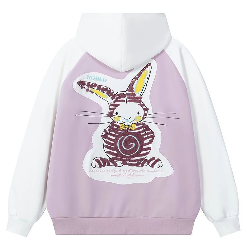 

Толстовки с нашивками и вышивкой милого кролика, куртка на молнии, корейская толстовка большого размера в стиле Харадзюку Kawaii, уличная одежда с длинными рукавами и цветными блоками