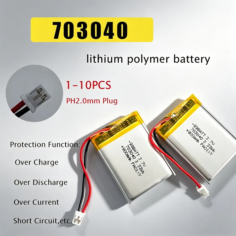 703040 Lipo Polymer Battery 3.7V 900mAh Rechargeable Li-ion Batteries  for MP3 MP4 GPS Toy Radio LED Lights Audio GPS Camera