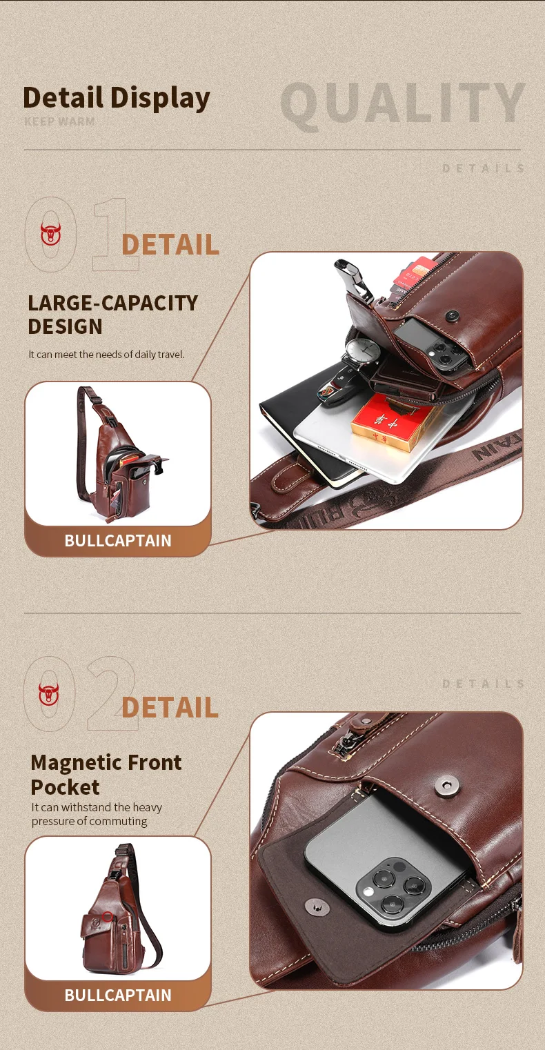 BULLCAPTAIN Echtleder Sling-Rucksack für Herren USB-Ladeanschluss Brusttasche Crossbody Schultertasche Lässiger Tagesrucksack für Arbeit und Reisen – Detail 11