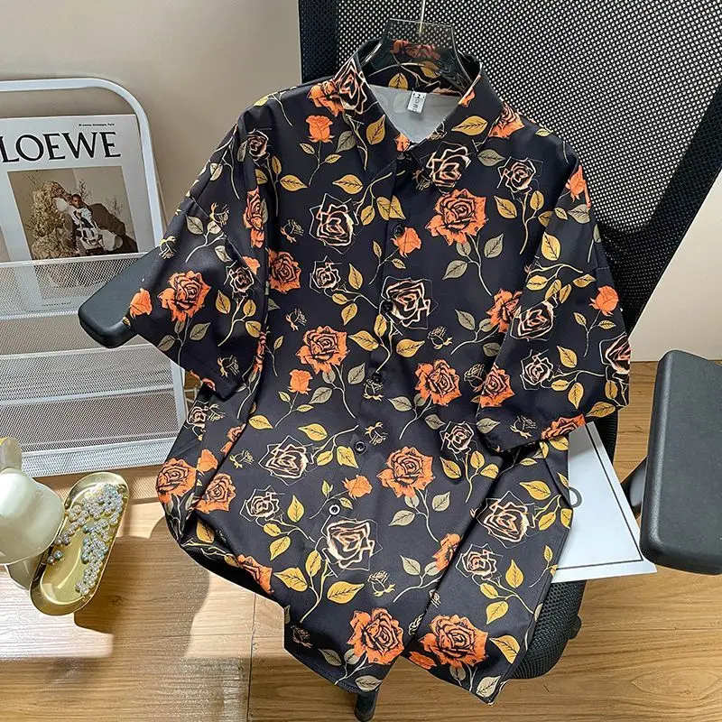 2024 Nieuwe Zomer Retro Elegante Mode Losse Casual Dames Shirt Onregelmatige Print Polyester Revers Korte Mouw Chique Tops