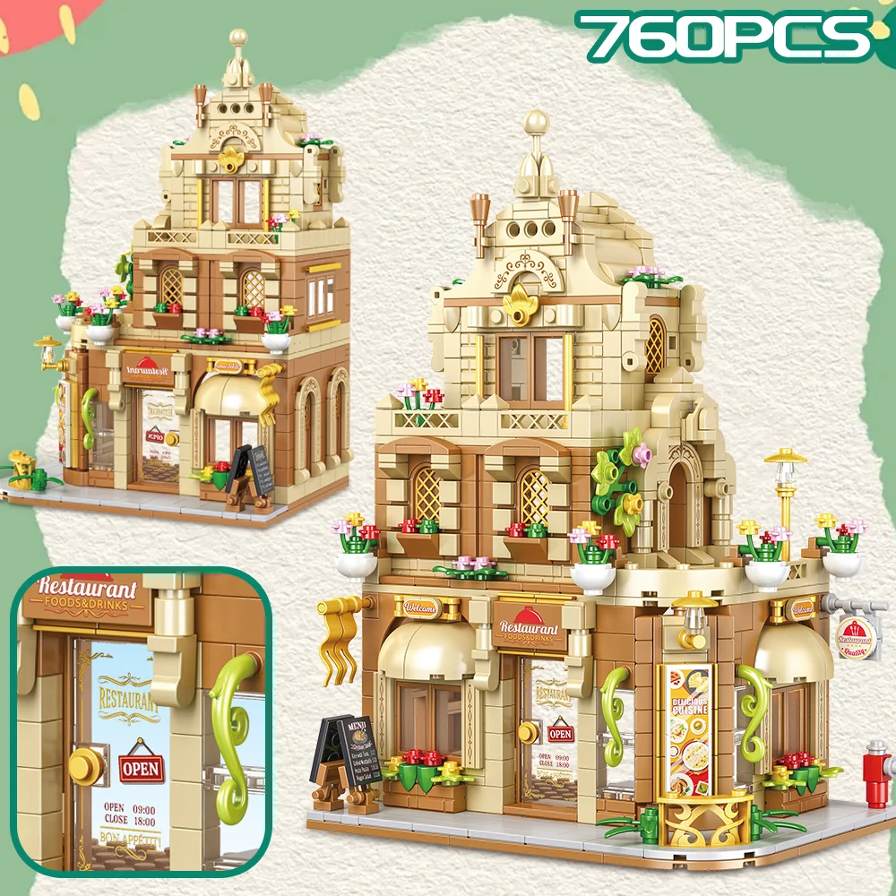 HUIQIBAO Stad Street View Koffie Burger Winkel Hotel Model Bouwstenen DIY Architectuur Commerciële Straat Bakstenen Speelgoed Volwassen