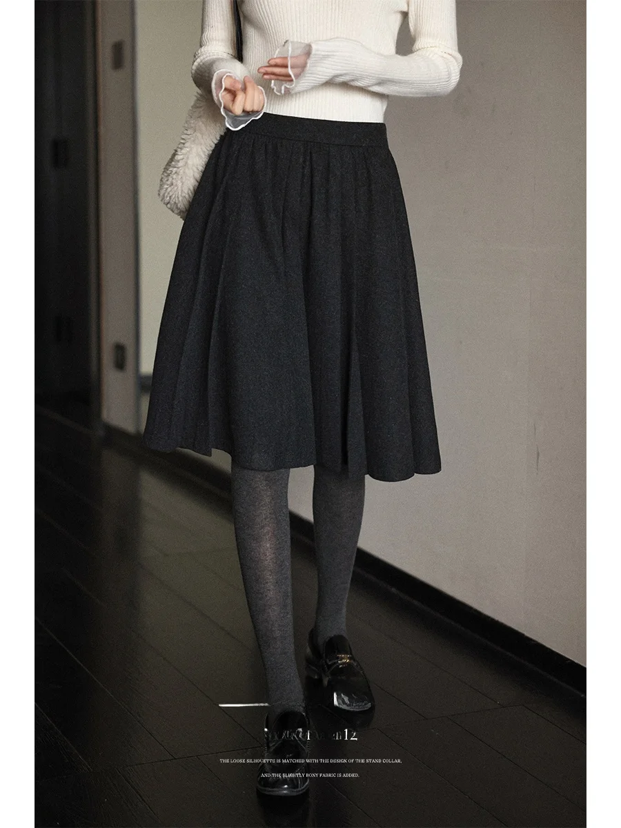 

Lalaglow ey Woolen A-Line Skirt Commute Versatile f-length Slimming Pleated Women's Winter Faion Casual mid Waist