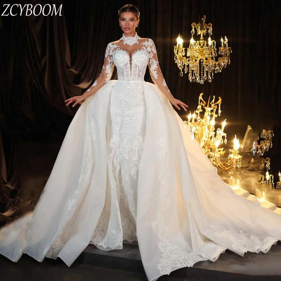 Luxury High-Neck Sequin Appliques Long Sleeves White Wedding Dress 2024 Sleeves Floor Length Detachable Sweep Train Bridal Gown