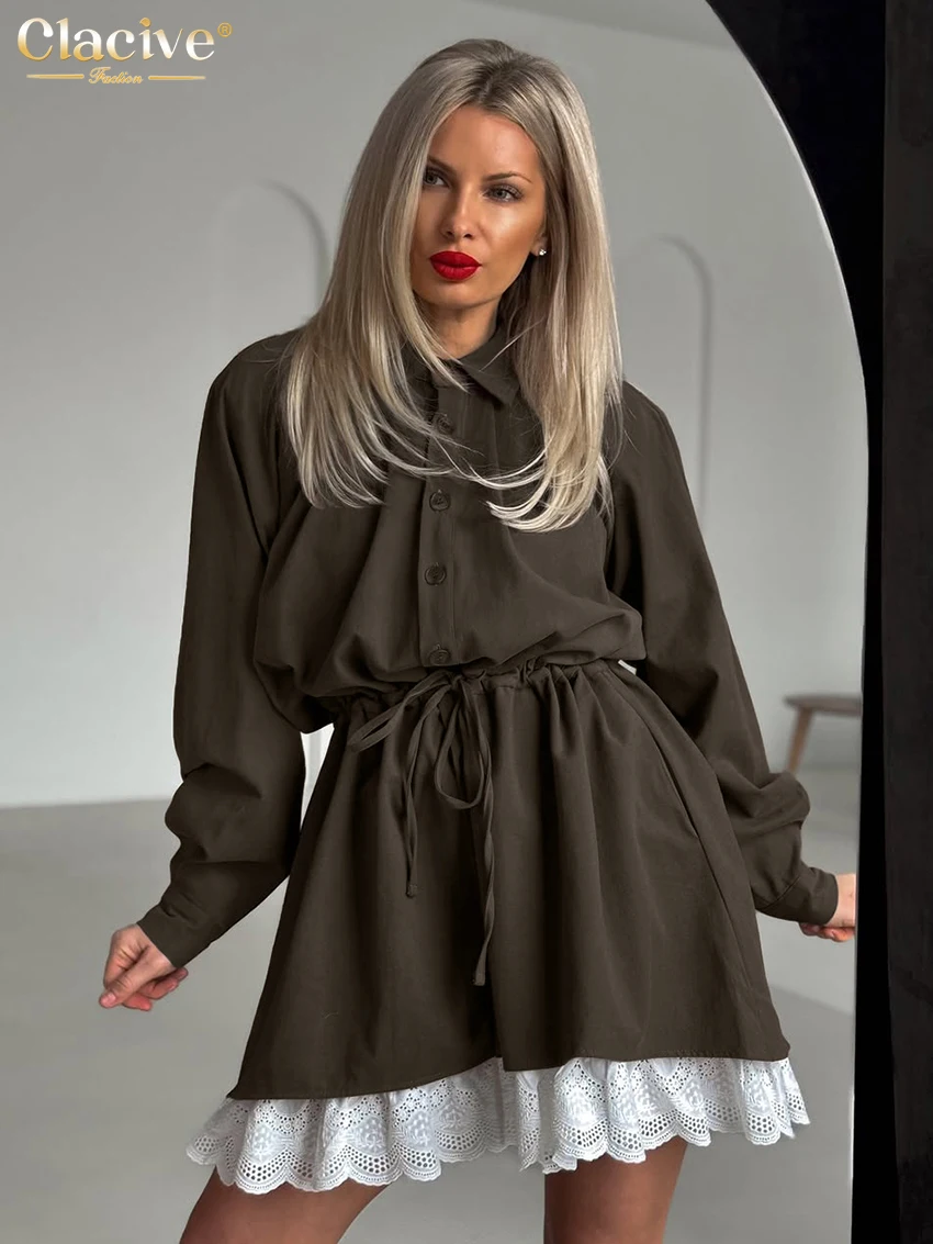 

Clacive Fashion Loose Brown Women's Dress 2026 Spring Lapel Long Sleeve Mini Dresses Elegant Classic Patchwork Female Dress