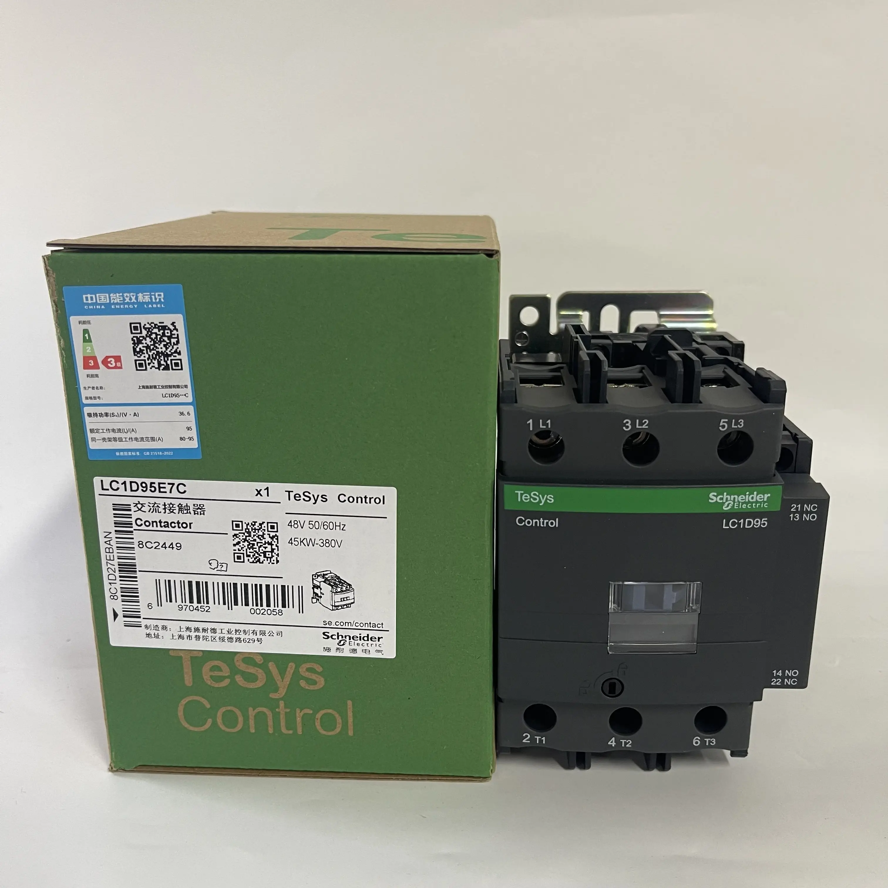 LC1D95E7C LC1D95E7 Contactor, 3P(3NO), AC-3/AC-3e, =440V, 95A, 48V AC 50/60Hz coil, screw clamp terminals