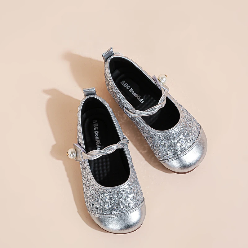 Children Leather Shoes Sequins Patchwork Girls Fashion Ballet Shoes 2025 New Versatile Kids Causal Princess Flat Shoes Round-toe