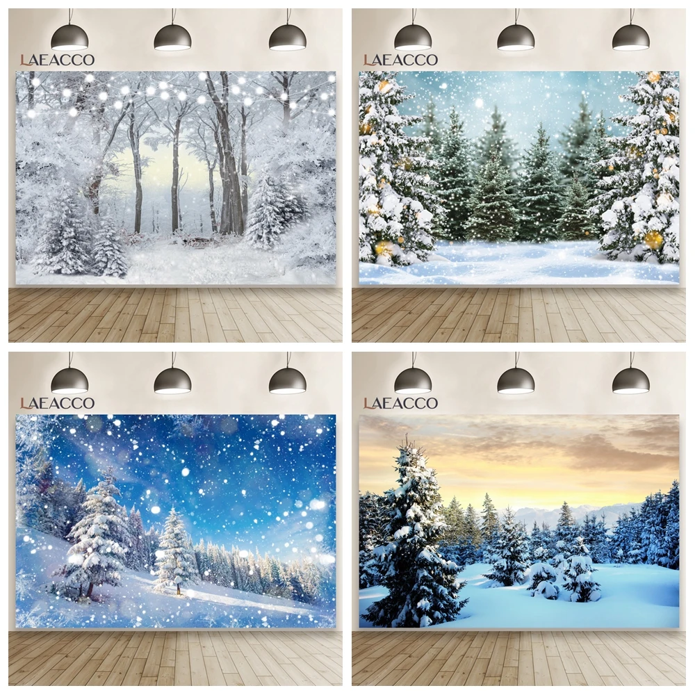 Laeacco-Fondo de vinilo para estudio fotográfico, telón de invierno con cielo azul, nieve, montañas, pino, árbol, nieve, bosque