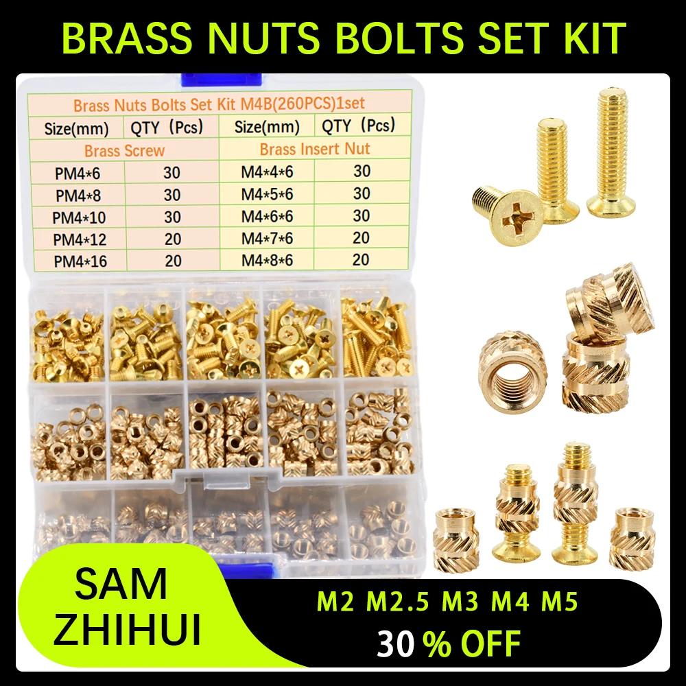 M2 M2.5 M3 M4 M5 Brass Phillips Countersunk Head Screws Brass Thermal Fusion Knurled Threaded Inserts Nuts Bolts Combination Kit