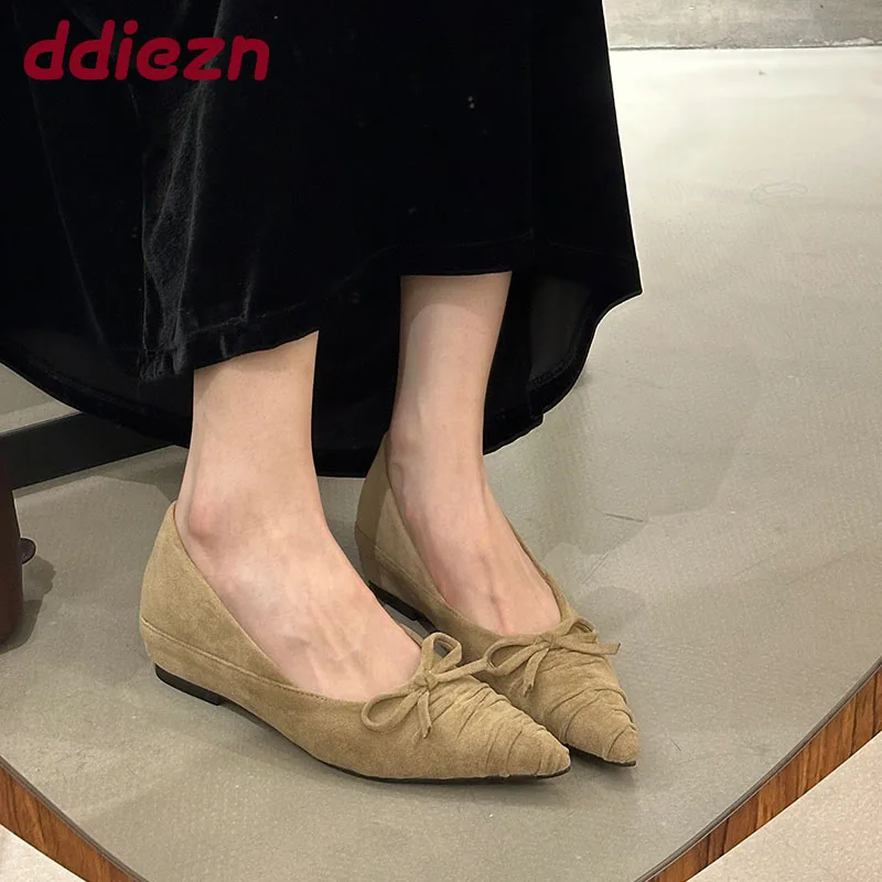 

Модные женские туфли без шнуровки из флока на плоской подошве, женская обувь с узлом-бабочкой, увеличивающая рост, женская обувь на плоской подошве с острым носком, женская обувь на плоской подошве