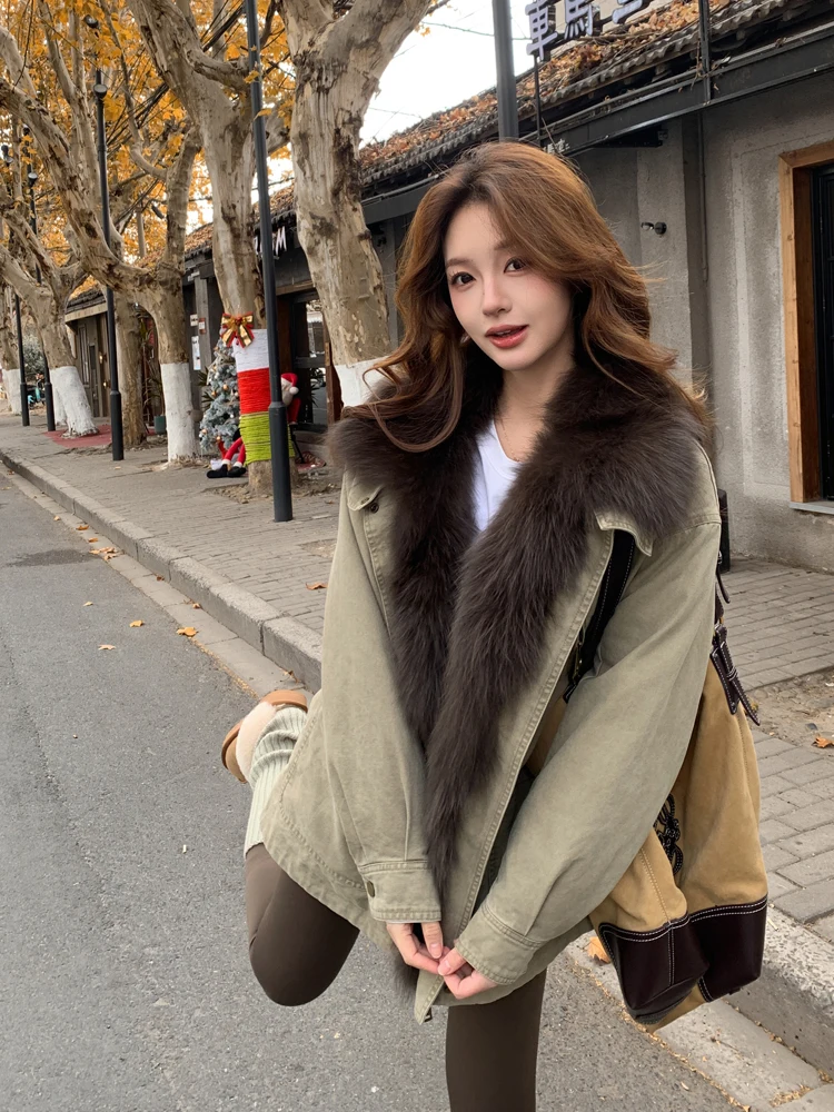 

Casual Loose Women's Fur Collar down Jacket 90 White Goose down Warm Thickened Long Sleeve Mid-Length Zipper Coat