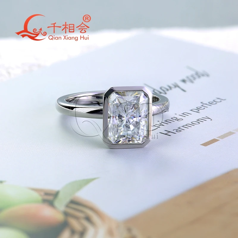 3ct Radiant Bezel Setting Moissanite Diamond Ring 7x9mm 925 Sterling Silver White Color Wedding Engagement Jewelry Gift