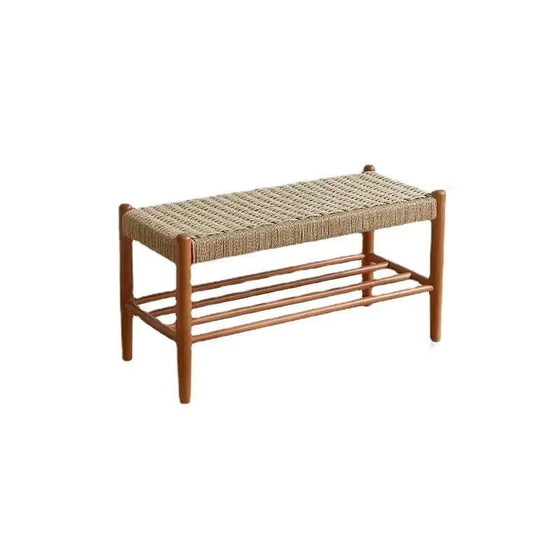 Solid Wood Rattan Woven Shoe Stool  Japanese Designer Retro Style Porch Shoe Rack Furniture Blending Tradition with Modern