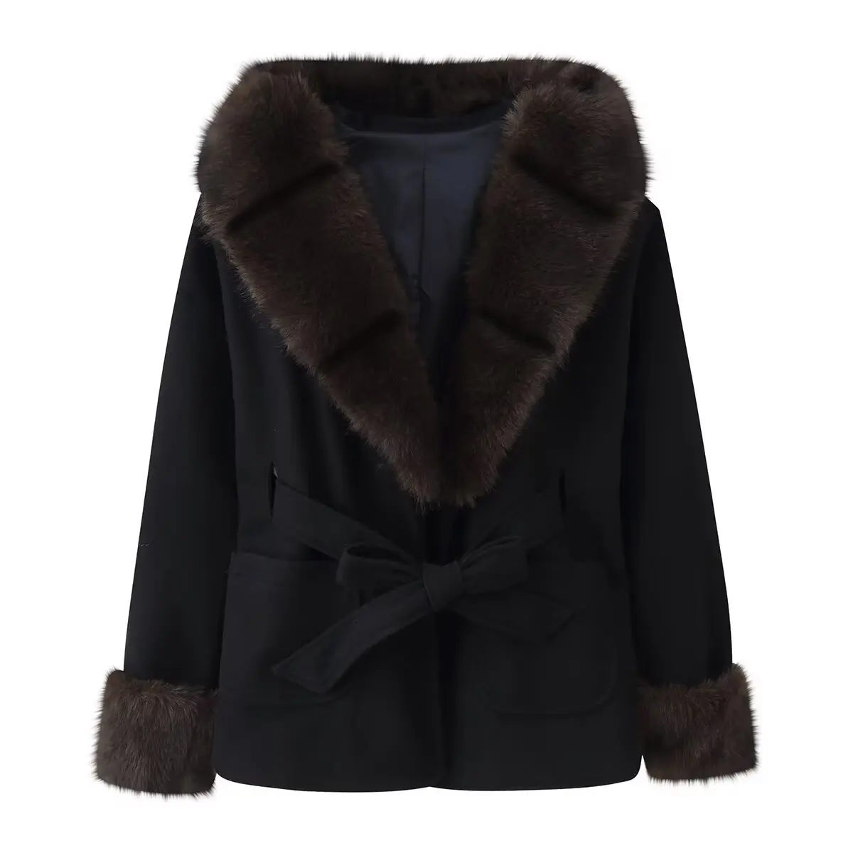 Abrigo de lana noble de estilo europeo y americano para mujer, chaqueta gruesa de cintura corta con cuello de piel para otoño e invierno