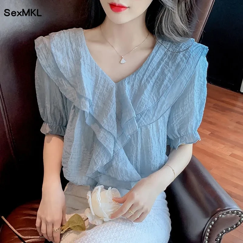 Vintage Summer Chiffon Blouses Women 2024 Elegant Korean Fashion White Ruffles Blusas Mujer Causal Loose Ladies Puff Sleeve Tops