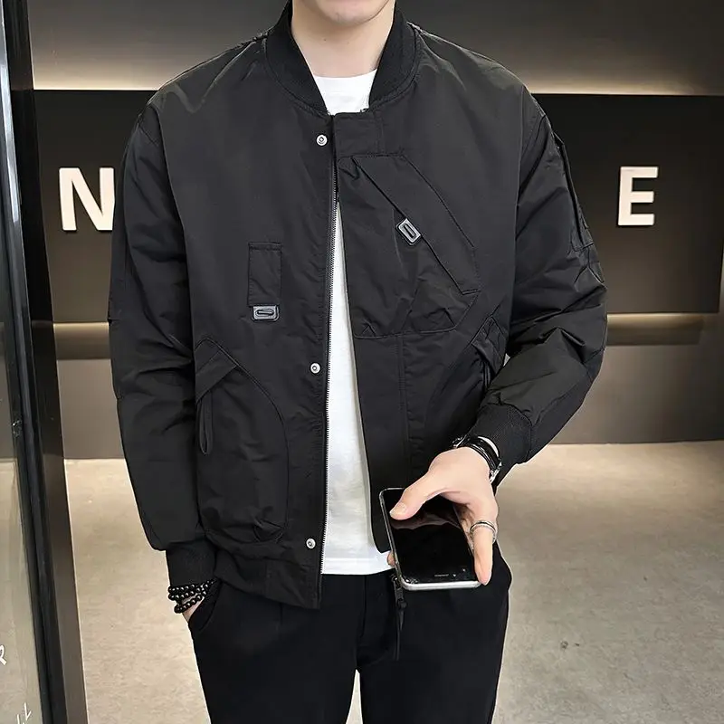 Workwear Casual Jacket Men's Spring Autumn New Cool Ruffian Flying Jacket  American Style Solid Color Baseball Coats Arm Pocket