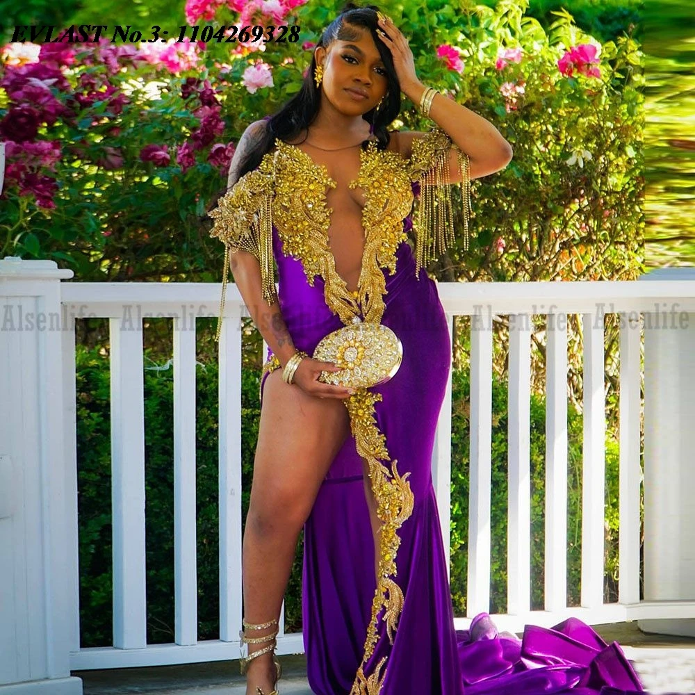 EVLAST Angepasst Afrikanische Lila Aso Ebi Meerjungfrau Prom Kleid Hohe Schlitz Gold Spitze Applique Abendkleid Robe De Soirée E3P521