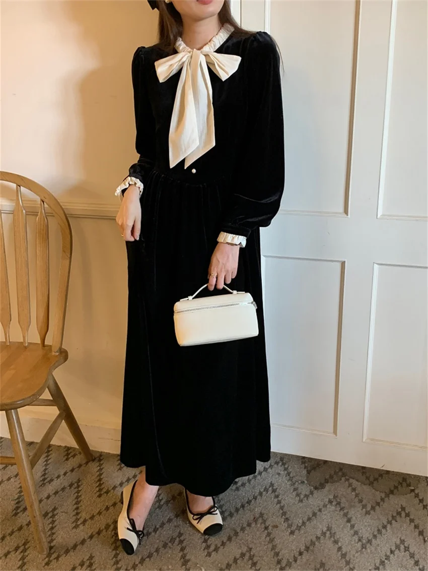 

Alien Kitty Elegant Bow Retro Long Black Dress Women Chic Velvet Slim 2023 Autumn Wedding New Daily Full Sleeve Office Lady
