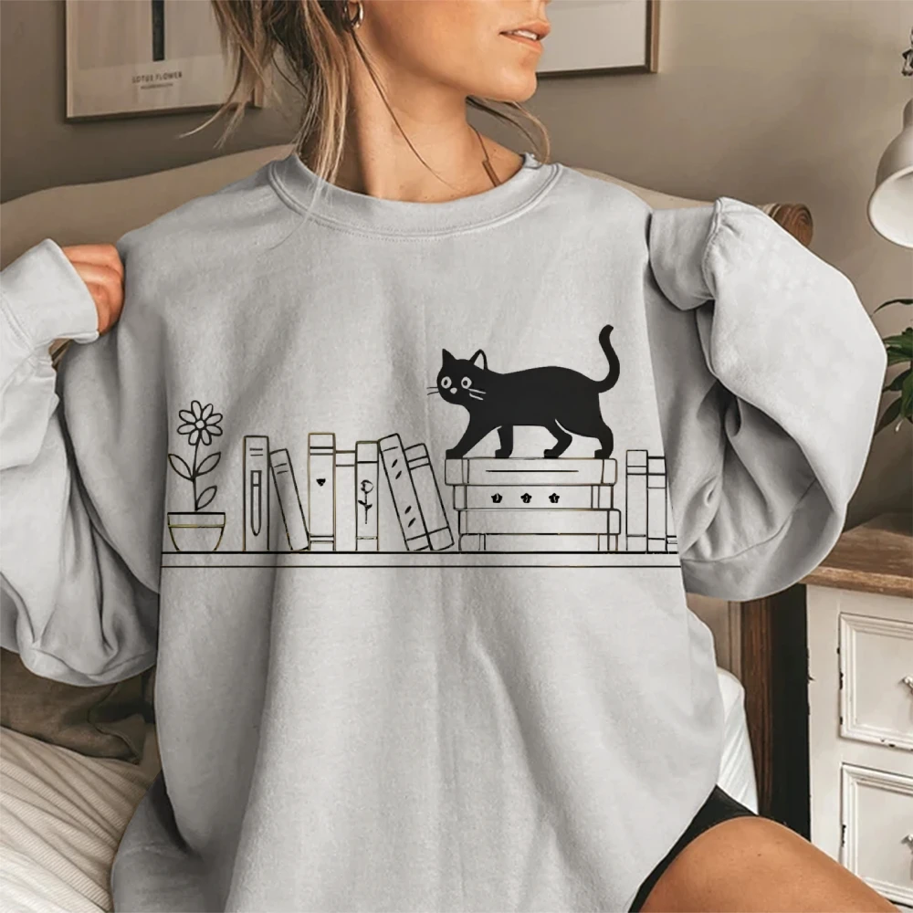 لطيف كتاب القط طباعة بلوزات مضحك الرسم نمط بسيط هوديي طويلة الأكمام القطن جولة الرقبة السيدات أعلى الملابس خمر