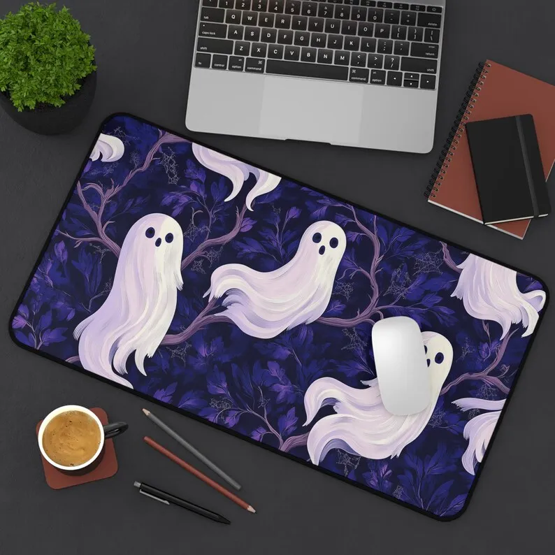Halloween Ghost Deskmat,cute and Spooky Mousepad,featuring Haunted Night Forest Design,suitable for Gaming and Office Decoration