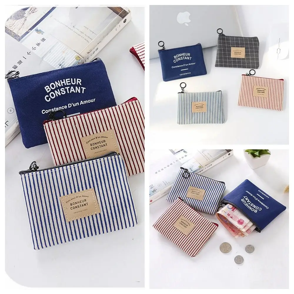 

Fashion Square Stripe Print Coin Purse Zipper Small Canvas Letter Wallet Case Card Holder Coin Pouch Girls